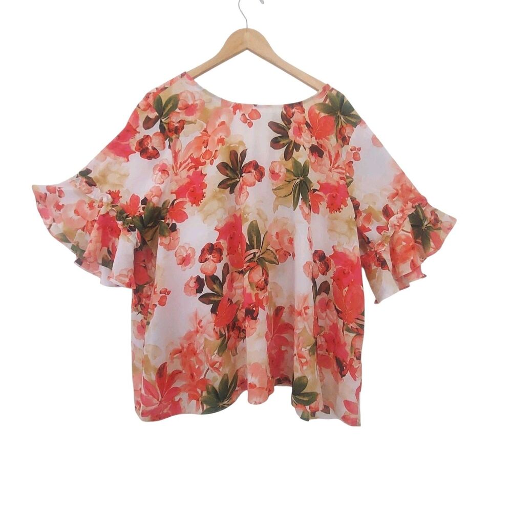 Cato Est 1946 22 24 Floral Blouse Pullover Pink Orange Ruffle Sleeves